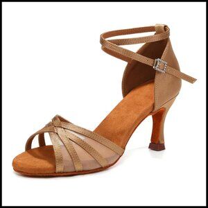 Satin Open Toe Dance Shoes Mid Heel Buckle Ankle Strap Ballroom Salsa Practice